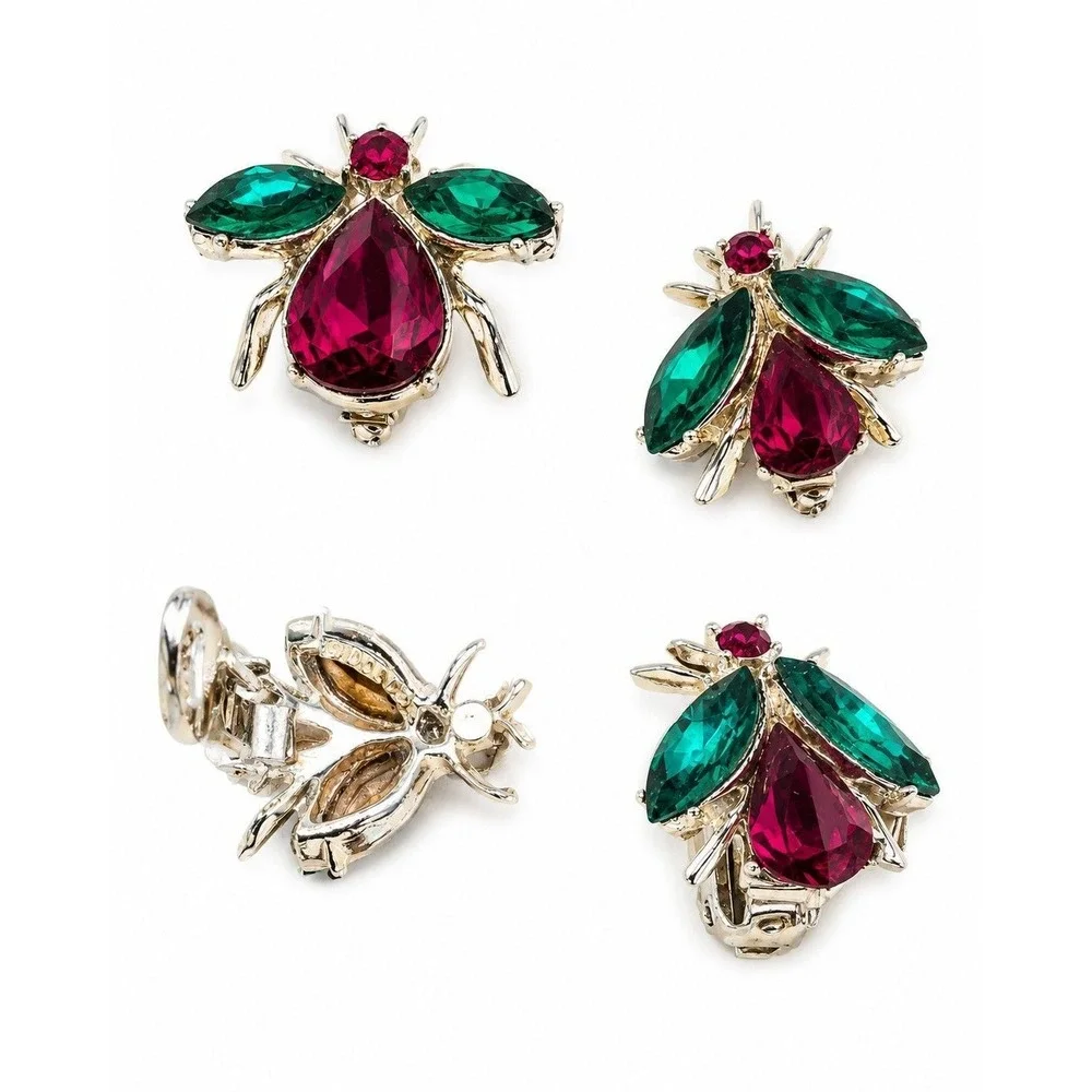 Vintage Dodds Bug Rhinestone Lapel Pins and Clip On Earrings Set Pink Green